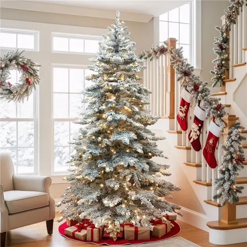 Yaheetech Multi-Size PVC Pre-Lit Artificial Christmas Tree with Warm Lights, Auto-Drop Branches, Foldable Stand, Layered Design, Indoor Holiday Decorative Fir Tree with Ornaments