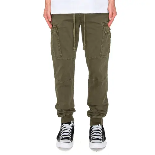 VICTORIOUS Men's Tapered Fit Cargo Joggers in Garment Washed Cotton Stretch with Drawstring Waist for Everyday Wear, L