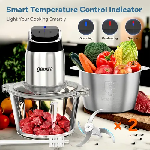 Ganiza Food Processor (3600ml) - 8-Cup Glass Bowl, 8-Cup Stainless Steel 2-Speed+Pulse Chopper Grinder, Upgraded Buttons, Smart Overheat Protection Light, US Plug, Auto Stop, Clean Brush, 2 Blade Sets, Slicer, Kitchen Appliance for Making Guacamole, Chopp