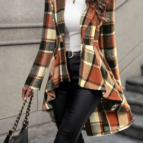 Women's Plaid Print Button High Low Hem Fitted Casual Fashion Jacket Coats, Casual Long Sleeve Lapel Neck Open Front Outerwear for Fall & Winter, Ladies Clothes for Daily Wear, Womenswear Everyday