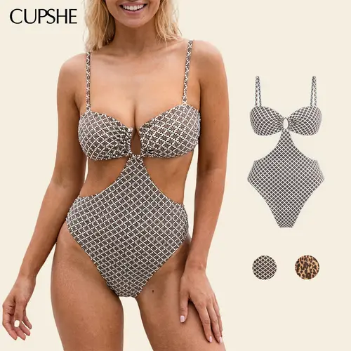 CUPSHE Textured Boho Crochet One Piece Swimsuit, Deep V Neck with U Ring Detail, Fashionable Tankini Outfit 2026 Trendy Vacation Pool Party Bathing Suit, Summerfinds#SohoChic