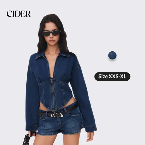 Cider Napoleonic Core Contrast Denim Collar Solid Corset Zipper Jacket – Women's Sexy Y2K Streetwear Night Out Top, Sleeveless Slim Fit Cropped Jean Vest Napoleon SohoChic