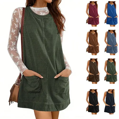 Yeokou Women's Cotton Corduroy Jumper Dress - Basic H-Type A-Line Sleeveless Jumper, Fitted Scoop Neck, Low-Cut Armholes, Front Pockets, Cozy Cotton-Blend (70%Cotton,30%Polyester), Above Knee, Elegant Casual Women's Dresses