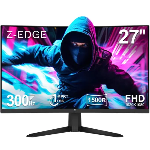 Z-EDGE UG27S 27 In Curved VA Gaming Monitor, 300Hz 1080P 1ms Frameless, FreeSync Eye Care, Dual HDMI & DP Ports, Full HD Panel for Rich Color Detail, for PC Gaming Setup, Curved View, Back to School