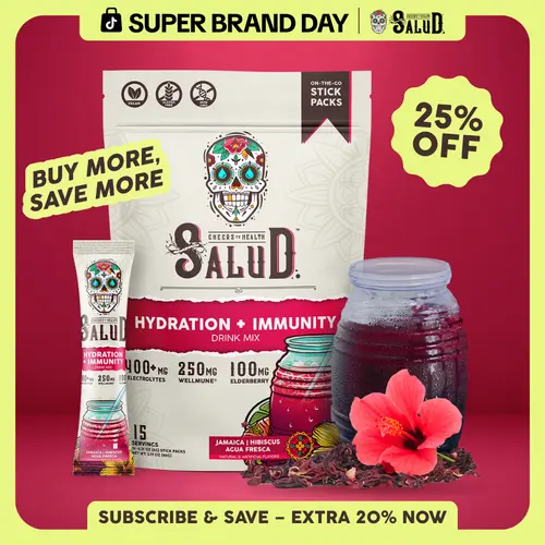 Salud 2-in-1 [Hydration + Immunity - Jamaica | Hibiscus] 400mg Electrolytes, 250mg Wellmune, 100mg Elderberry, Dairy & Soy Free, Non-GMO, Gluten Free - Healthcare, Vitamin (15 Servings)