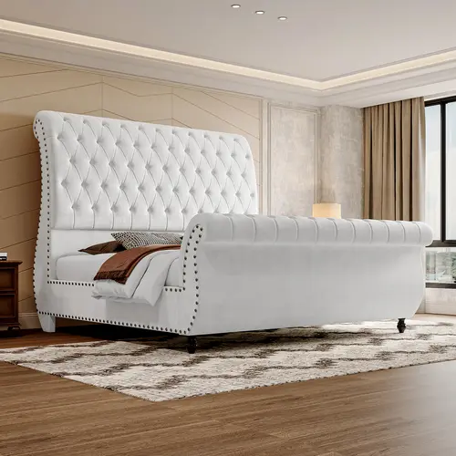 AMERLIFE Luxury Bed Frame with Scroll Headboard & Footboard, Modern Velvet Upholstered Platform Sleigh Bed with Button Tufted, No Box Spring Needed/Unique Bedroom Furniture/Best Gift Ideas/Christmas Gifts[tiktokshopbacktoschool][SohoChic]