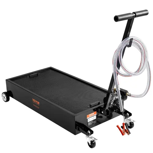【toolupgrade】VEVOR 20 Gal Low Profile Carbon Steel Oil Drain Pan with 180W Electric Pump, 8.2ft Hose, Folding Handle & Trolley, Splash-Block Mesh, High Flow Rate for Fast Oil Pumping, Rolling Cart for Trucks,Buses, Folding Trolley