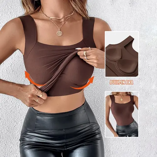 CHICME Built-in Bra Tank Tops U Neck Camisole High Stretchy Seamless Women Going Out Tops Everyday Basic Tanks Padded Tops