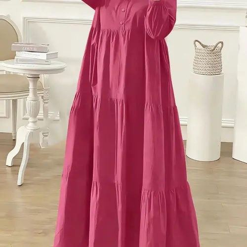 Women's Solid Button Front Ruffle Hem Arabian Dress, Modest Style Bishop Sleeve Tiered Layer Long Dress for Daily Wear, Women's Islamic Clothing for Fall & Winter, Muslim Long Sleeve Dress, Casual Dress, Modesty Muslim Clothing, Islamic Modesty Clothes