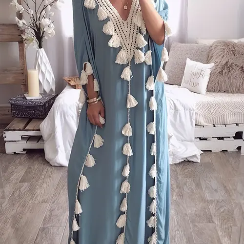 Women's Patchwork Fringe Trim Batwing Sleeve Arabian Muslim Dress, Kaftan Dresses, Elegant V-Neck Half-Sleeve Long Robe for Daily Wear, Islamic Clothing for All Seasons