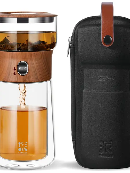 ZENS Modern Borosilicate Glass Tea Pot Set with 1-Touch Steel Infuser Strainer Filter, Double-Wall Mug, Portable for Office-Travel, Ideal Gift for Tea Lovers - Wooden,sohochic