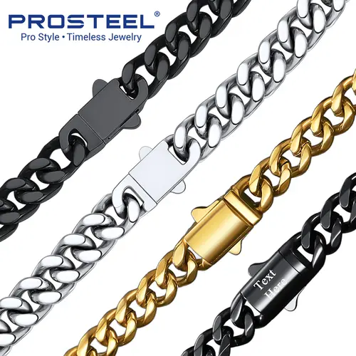 PROSTEEL Miami Cuban Chain Necklace, 14K Gold Plated/Steel And Black Stainless Steel, 5mm/6mm/7mm/9mm/12mm/14mm Width, 18"-30" Length, Hypoallergenic Unisex Jewelry with Gift Box