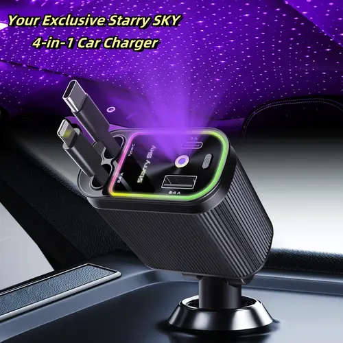 【Newest Upgraded Starlight 】W&O 4 in 1 Retractable Car Charger,Double TypeC Fast Charging Adapter with Lightning Cable&Dual Charge Port Compatible