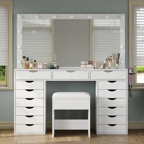FUSOU 55"W Modern Makeup Vanity Table - Bedroom Decor Furniture for Room with 15 Storage Drawers, Power Outlet, LED Lights Mirror, 3 Lighting Modes, Chair, Shipped in 2 Packages for Makeup Organization