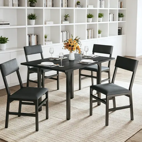 Dining Table Set for 4, Extendable Kitchen Table Cushion Chairs Set of 4, Rectangle Dining Table with Metal Frame & MDF Board, Folding for Small Apartment Saving Space, Black
