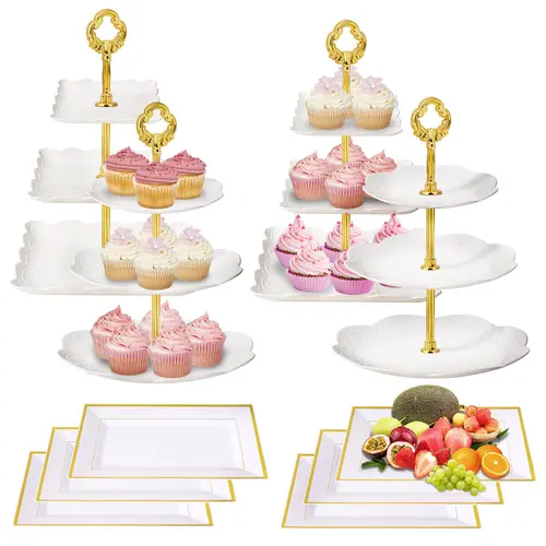 10Pcs Plastic Dessert Table Cake Stand Set Gorgeous 4Pcs 3-Tier Cupcake Stand Cookie Rack Serving Tray Cake Display Tower 6Pcs Dessert Trays for Party Organiser Rectangle