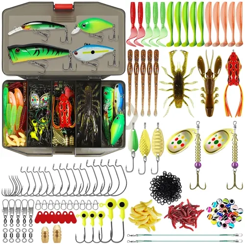 TRUSCEND Complete Fishing Lures Tackle Box Kit - Artificial & Soft Lures, Crankbaits, Minnows, Frogs, Vibes, Poppers, Spinners, Spoons, Hooks, Weights & Tools for Bass, Trout, All Fishing Conditions, Beginner/Expert Anglers, Fishing Tools, Artificial Fish