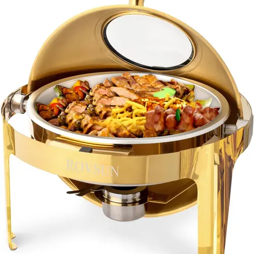 ROVSUN 6 QT Round NSF Stainless Steel Chafing Dish Buffet Set, Durable Thick-Frame Roll Top Buffet Warmer with Visible Window for Catering Events, Weddings, Dinners, Gold