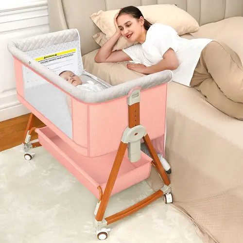 Baby Bassinet Crib Sleeper, 6 Height Adjustable Cribs, Easy to Fold Portable Crib Side Bassinet, Swing Cradle Bed Side Sleeper with Ventilated Net&Wheels