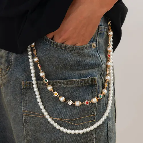 Faux Pearl & Rhinestone Decorated Waist Chain, Fashionable Flower Design Pants Chain for Men, Casual Trendy Accessories for Daily Wear, Maximalist Jewelry, Elegant Trendy Chain, Chic Body Jewelry, Body Jewellery, Body Chains