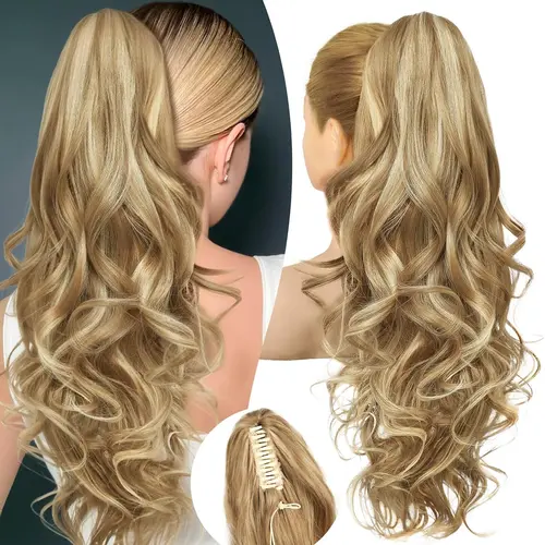 N NAYASA Women's 24" Claw Clip-in Synthetic Curly Hair Ponytail Extension - Medium Blonde with Highlights, Decorative Hair Piece for Ponytail Hairstyles, Blonde Clip-in Synthetic Extensions & Pieces, Decorative Hair Synthetic Extensions & Pieces,sohochic