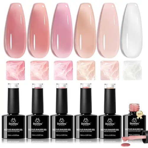 Beetles Builder Gel for Nails, 7 in 1 Strengthener Gel Builder for Nails, Jelly Clear Pink Nude Hard Gel Builder Gel for Nail Apex Nail Thickening Extension Gel Soak Off Uv for Women Manicure
