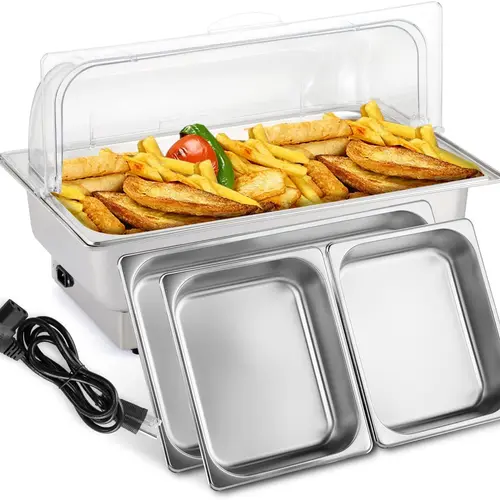 ROVSUN 9 QT NSF Food-Grade Steel Electric Chafing Dish Buffet Set, Kitchen Supplies with Power Cord, Anti-Slip Foot, Roll Top Lid, Full-Size & 2 Detachable Pans, Transparent PC Lid for Banquet, Food Service,sohochic