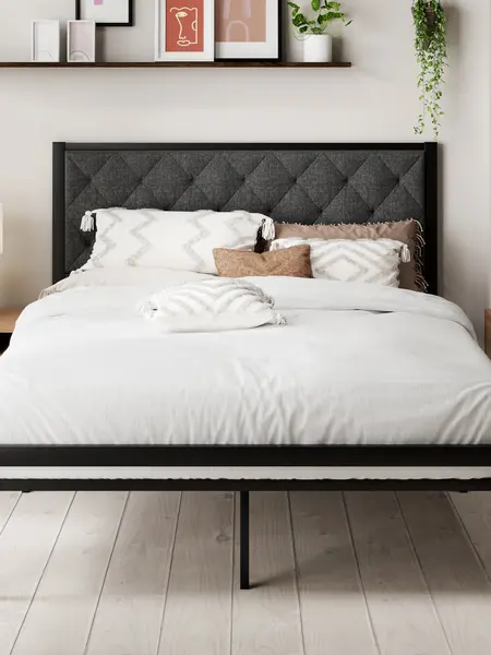 MUTICOR Twin/Full/Queen/King Size Bed Frame with Upholstered Headboard, 【Frame Only No Mattress】Platform Bed Frame with Metal Slats, Button Tufted Diamond Stitched Headboard, Noise Free, No Box Spring Needed#SummerVibes