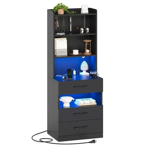 Sikaic Tall Nightstand with Charging Station and LED Lights, Bedside Table with 3 Drawers, Storage Shelves and Bookshelf, Modern End Table for Bedroom, Home Furniture Christmas Gifts [SohoChic]