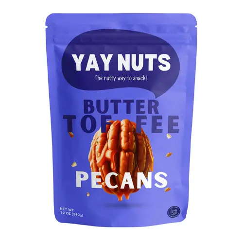 Yay Nuts Butter Toffee Pecans - 12 oz Resealable Pouch, Delightful Crunch Texture Nuts Snack Food, Peanut-Infused Coating, Bite-Sized Great Value Pack for Students (Allergy Note: Contains Peanuts)