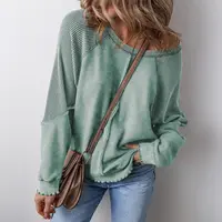 Shewin Women's Off-Shoulder Raglan Long Sleeve Waffle Knit Abstract Patchwork Washed Cotton-Polyester Blend Sweatshirt - Ruffle Cuff, Cute Tops, M Size, Back to School Haul, Cozy Pullovers for Daily Outings, Women's Fashion Tops,sohochic