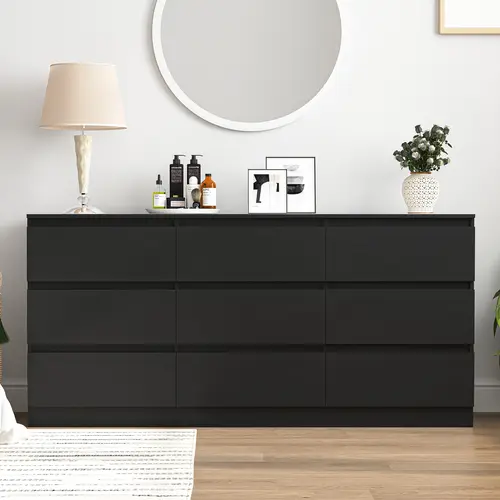 Spaco Modern 9-Drawer Wide Black Wood Dresser - Silent-Open Hidden Storage Cabinet with Wide Base, Bedroom Items for Storage Organization, Indoor Furniture Cupboard