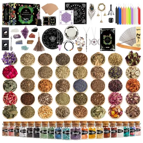 SHYSHINY 150Pack Witchcraft Supplies Kit Wiccan Supplies and Tools Witchy Gifts for Beginners, Dried Herbs, Crystals, Candles, Green Witch Altar Starter Spell