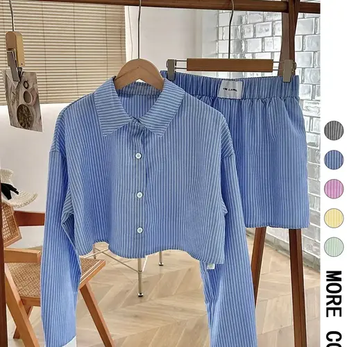Women's Striped Print Button Front Shirt & Shorts Two-Piece Set, Casual Long Sleeve Collared Top & Shorts for Spring & Fall, Ladies Clothes for Daily Wear, Fashionable Shorts Set