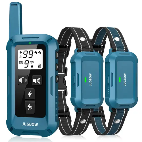 Jugbow Dog Training e-Collar for All Breeds (Blue, 2 Dogs) - 4200FT Remote, 4 Modes (Shock + Beep, Beep and Vibration), Security Lock, IPX8 Waterproof, Rechargeable, Metal Prongs, Teaches Orderliness - DT68