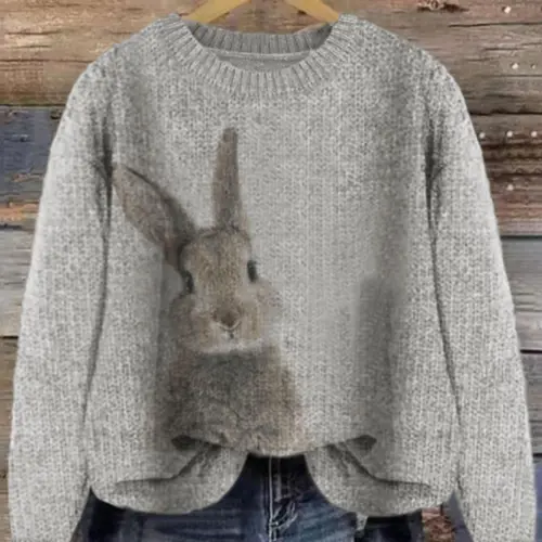 Women's Rabbit Print Drop Shoulder Sweater, Casual Style Baggy Long Sleeve Round Neck Jumper for Fall & Winter, Fashion Ladies' Knitwear for Daily Wear, Casual Basic Knitwear