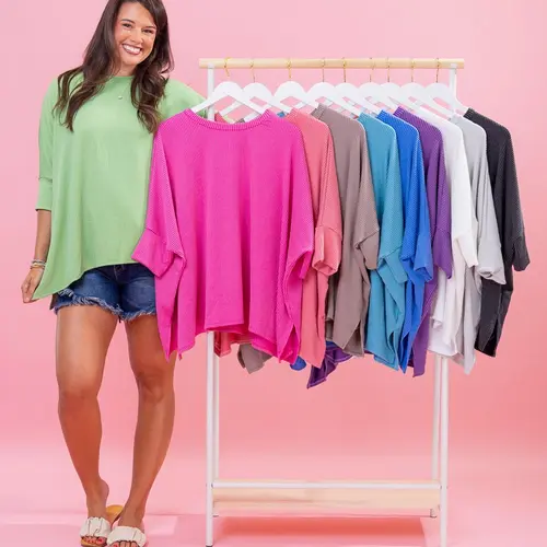 Raised Rib Easy-Fit Dolman 3/4 Sleeve Top by DD Design | Reg - Plus