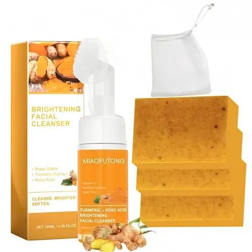 Turmeric 2-Piece Facial Cleansing Set - Turmeric Bar Soap, Foam Cleanser, Herbal Natural Cleanser for Daily Use & Even Skin Tone