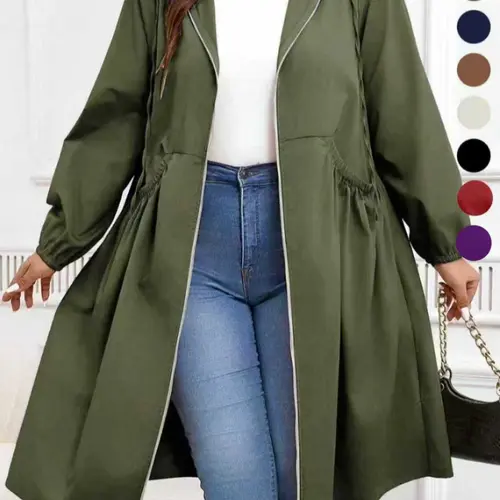 Plus Size Solid Woven Drawstring Zip-Up Hooded Coat, Jacket, Tops, Casual Loose Fit Long Sleeve Pocket Outerwear for Winter, Women's Clothes for Daily Wear