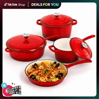 Kitchen Academy Enamel Cast Iron 7 Piece Cookware Set, Dutch Oven Pot with Lid, Red Non Stick Pots and Pans set, Oven Safe up to 500°F