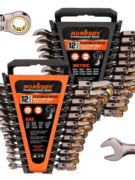 HORUSDY 24PC Flex-Head Ratcheting Wrench Set - Metric & SAE, 72-Tooth Ratchet, Chrome Vanadium Steel Work & Mechanic Tools with Organizer for 180° Tight Turns, Fast Turns & Bolt Loosening (Ideal Gift), Work Tools,toolupgrade