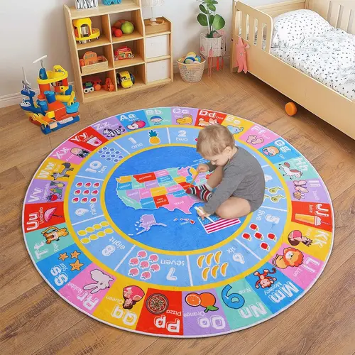【Summer Sale Deals】【Moving Season】Playroom Rugs - ABC Alphabet, Numbers, Shapes and Map Educational Classroom Rug Learning & Fun Game Play Mat, Wrinkle Resistant