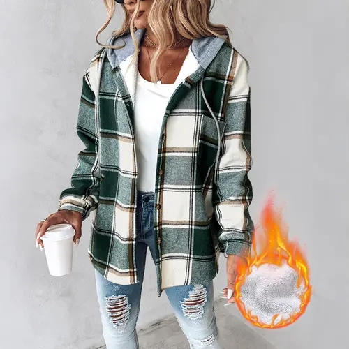 CHICME Women‘s Plaid Hooded Warm Shacket/Plaid Fleece Lined Hooded Shacket- Lightweight Fleece Lined Jacket, Button-Down Casual Coat for Fall & Spring