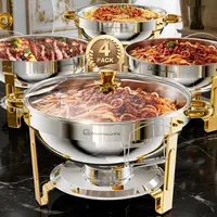 [sohochic] WARMOUNTS 5QT Stainless Steel Chafing Dish Buffet Set (2/4/6 Pack) - Gold Accent, Glass/Stainless Steel Lid & Lid Holder, Kitchenware Bakeware Pans Serving Thermal Casserole Dish for Parties Weddings, Stackable