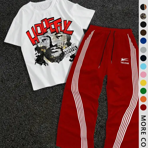 Men's Letter Print Short Sleeve Graphic Tee & Side Stripe Drawstring Waist Pants Two-piece Set, Menswear, Casual Regular Fit Round Neck T-shirt & Pocket Trousers, Fashion Cozy Breathable Men's Outfits for Spring & Fall