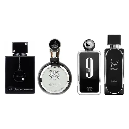 Club de nuit intense man + Fakhar Lattafa platin + 9pm + Hayaati black for men by Lattafa ---- 4-piece bundle