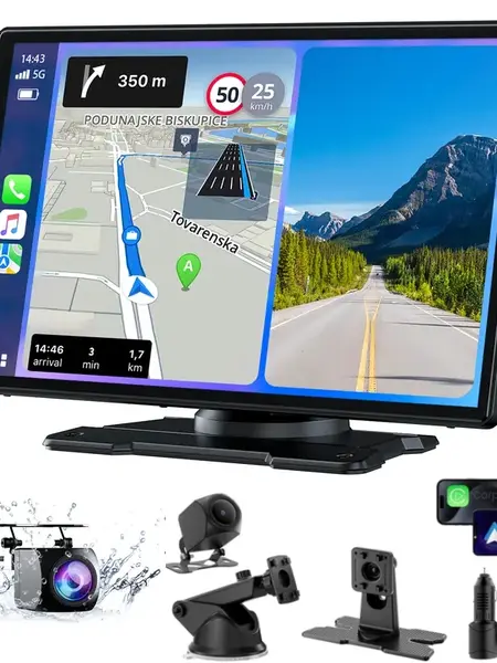 WHATOOK 9 in Portable Carplay Touchscreen Monitor, 1 x 4.65ft Aux Cable, 1 x Suction Cup Bracket & Desktop Bracket, Car Electronics Accessory