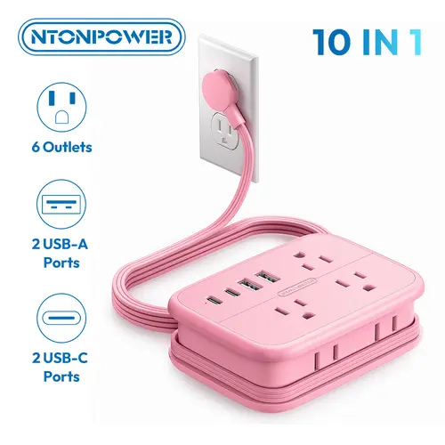 NTONPOWER 10-in-1 Travel Power Strip, 6 Outlets 4 USB Ports(2 USB C)  4ft Extension Cord, Compact Wrap-Around for Family Travel, Home Office, RV & Camping, Hotel Cruise Essentials