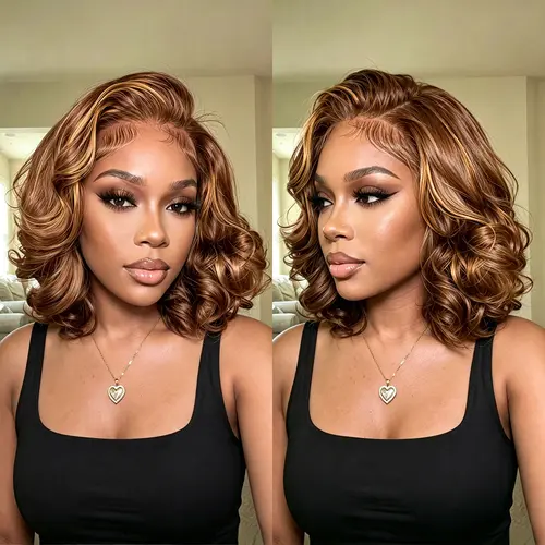ShowReal 7x5 Bob Wig Bouncy Wave Glueless HD Lace Closure Ready To Go Styling Curly Custom Side C Part Wig Black Color Human Hair Wig