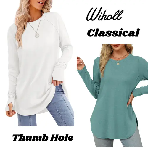 WIHOLL Women's Long Sleeve Tops [2 Versions] | Windproof Thumb Hole VS Classic Minimalist | Curved Hem Loose Fit,sohochic